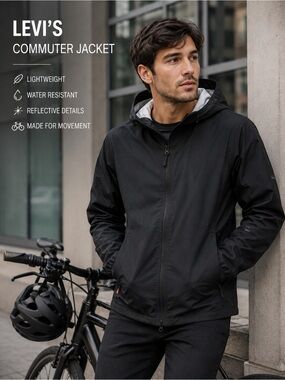 Levi’s Commuter Jacket Black Hooded Windbreaker Reflective Cycling Lightweight